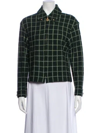 Pre-owned St John Plaid Print Blazer In Green