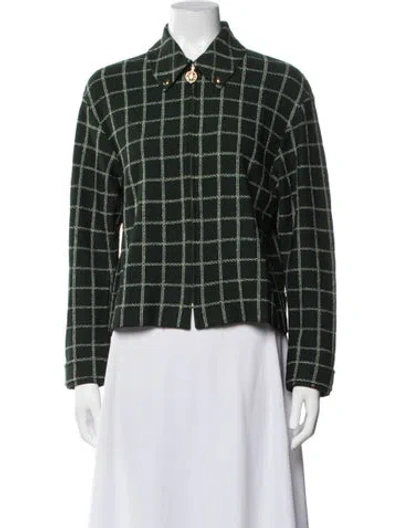 Pre-owned St John Plaid Print Blazer In Green