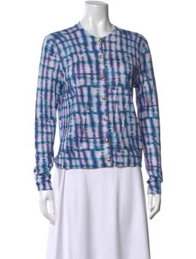 Pre-owned St John Plaid Print Crew Neck Sweater In Blue
