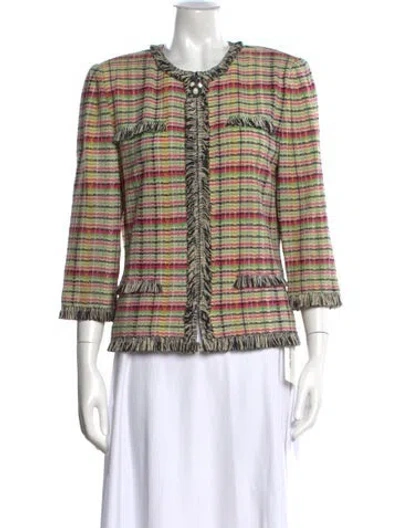 Pre-owned St John Plaid Print Crew Neck Sweater In Green