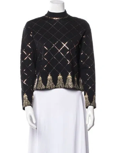 Pre-owned St John Plaid Print Mock Neck Sweater In Black