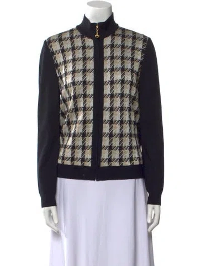 Pre-owned St John Plaid Print Mock Neck Sweater In Black