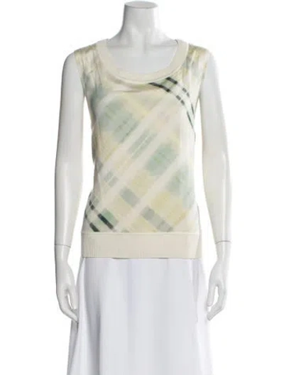 Pre-owned St John Plaid Print Scoop Neck Sweater In White