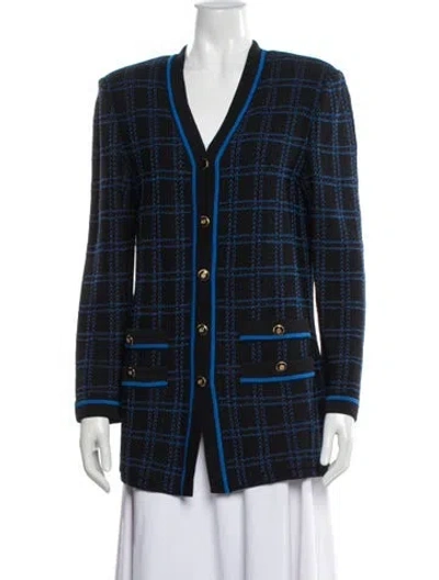 Pre-owned St John Plaid Print V-neck Sweater In Blue