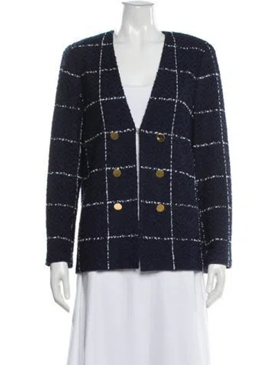 Pre-owned St John Plaid Print V-neck Sweater In Blue