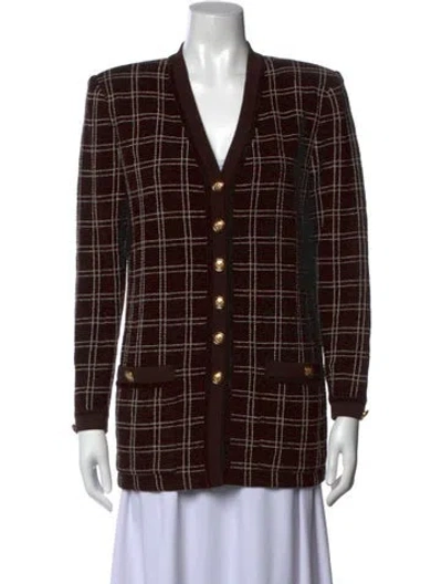 Pre-owned St John Plaid Print V-neck Sweater In Brown