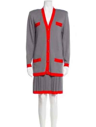 Pre-owned St John Pleated Accents Skirt Set In Gray
