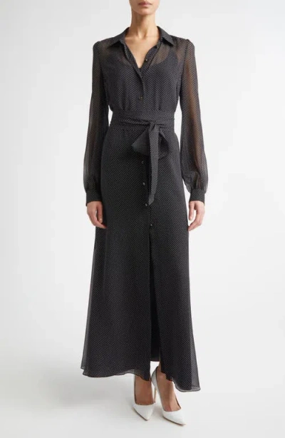 St John St. John Polka Dot Long Sleeve Silk Shirtdress In Black