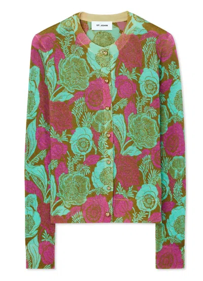 St John Poppy Print Knit Cardigan In Grün