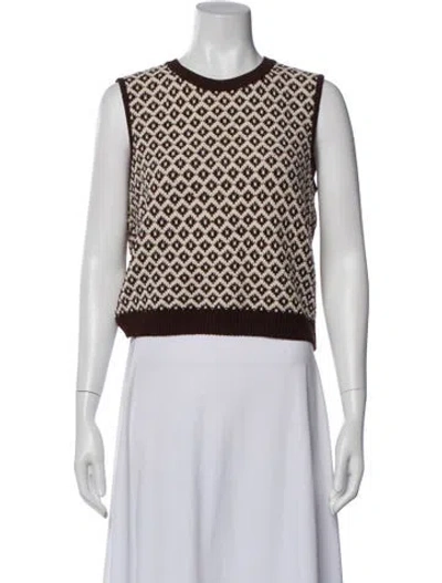Pre-owned St John Printed Crew Neck Sweater In White