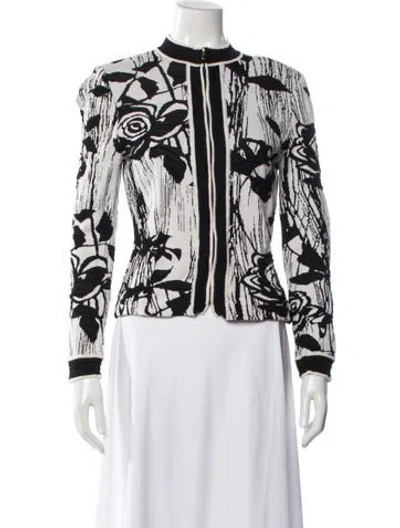 Pre-owned St John Printed Crew Neck Sweater In White