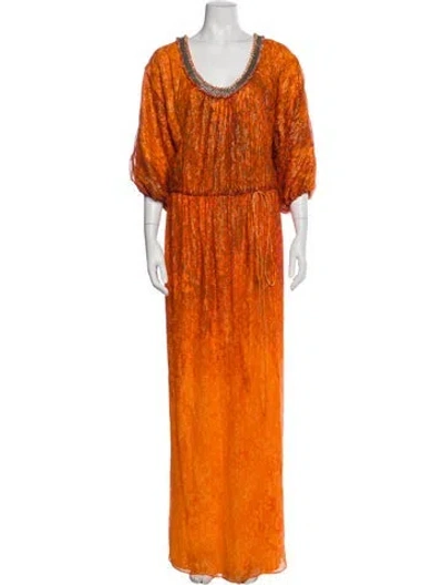Pre-owned St John Printed Long Dress In Orange