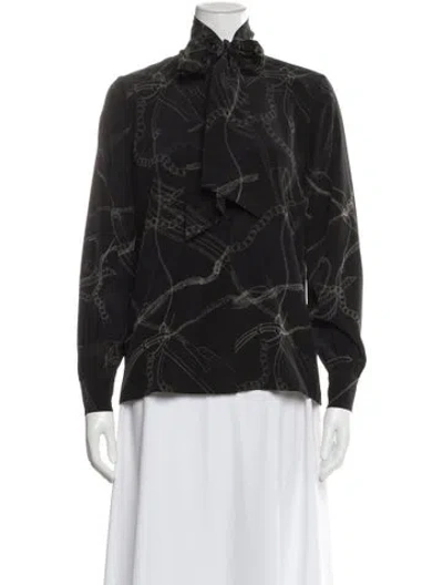 Pre-owned St John Printed Tie Neck Blouse In Black