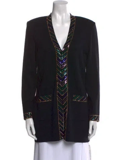 Pre-owned St John Printed V-neck Sweater In Black