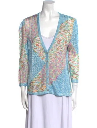 Pre-owned St John Printed V-neck Sweater In Blue