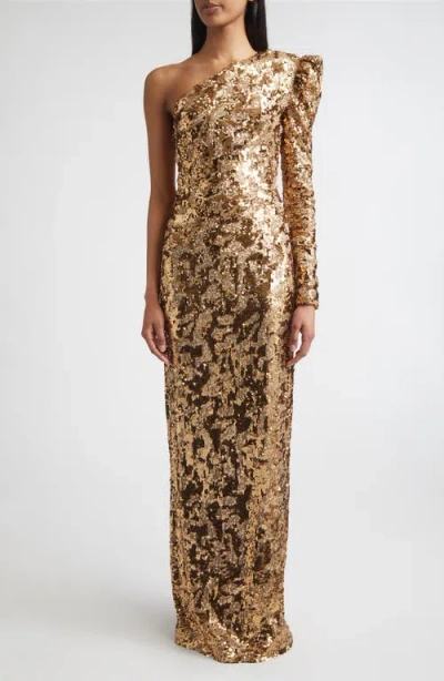 St John St. John Sabrina Stretch Sequin One Shoulder Long Sleeve Gown In Brown