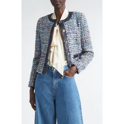 St John St. John San Germain Leather Trim Tweed Jacket In Blue