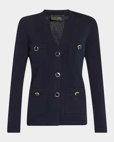 St John Santiago Knit Button-down Jacket In Blue