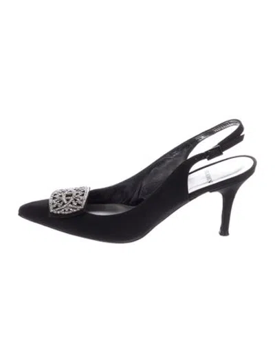 Pre-owned St John Satin Crystal Embellishments Slingback Pumps In Black