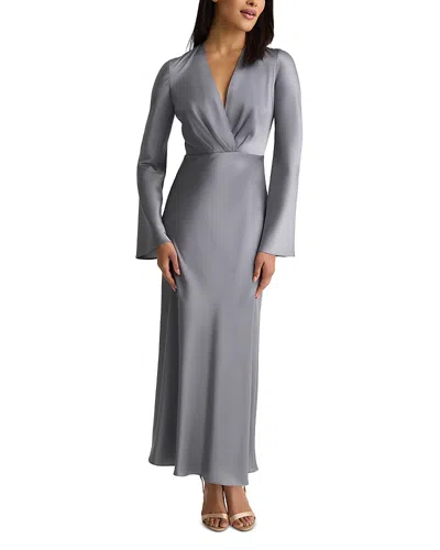 St John Satin Deep V Crossover Dress In Gray