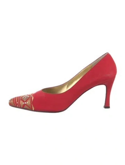 Pre-owned St John Satin Floral Print Pumps In Red
