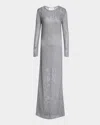 St John Sequin Mesh Knit Long-sleeve Gown With Slip In Silver