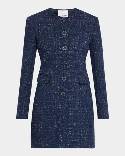 St John Sequined Micro Check Tweed Long Jacket In Midnight Lurex Multi