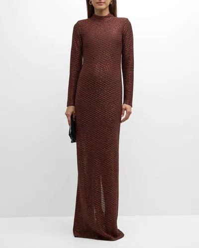 St John Sequined Sheer Fishnet Knit Column Gown In Red