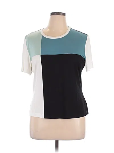 Pre-owned St John Short Sleeve Top Teal Color Block Pattern Square Neckline Tops In Blue