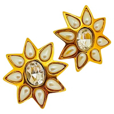 Pre-owned St John Signed Gold Plated Crystal Pearl Star Designer Runway Earrings In Multi