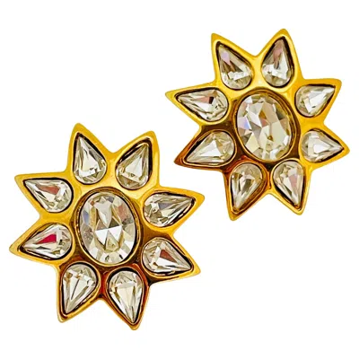 Pre-owned St John Signed Gold Plated Crystal Star Designer Runway Earrings In Multi
