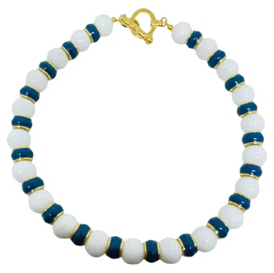 Pre-owned St John St. John Signed Vintage Gold Tone Blue White Glass Beaded Designer Necklace