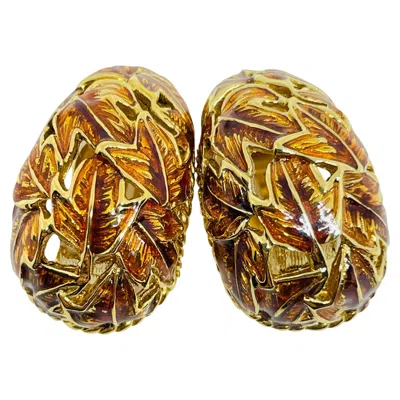 Pre-owned St John St. John Signed Vintage Gold Tone Logo Amber Enamel Designer Clip Earrings In Brown