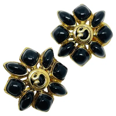 Pre-owned St John St. John Signed Vintage Gold Tone Logo Black Enamel Designer Clip Earrings