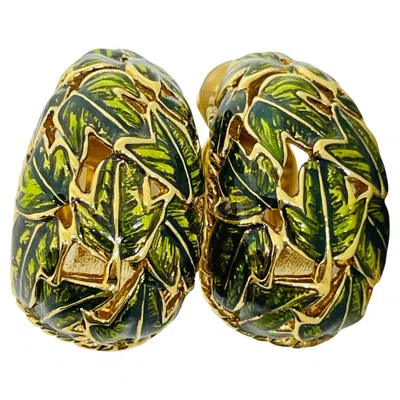Pre-owned St John St. John Signed Vintage Gold Tone Logo Green Enamel Designer Clip Earrings
