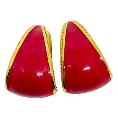 Pre-owned St John St. John Signed Vintage Gold Tone Logo Red Enamel Designer Clip Earrings