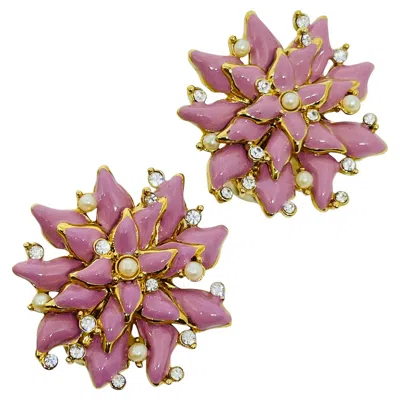 Pre-owned St John St. John Signed Vintage Gold Tone Pink Enamel Rhinestone Designer Clip Earrings