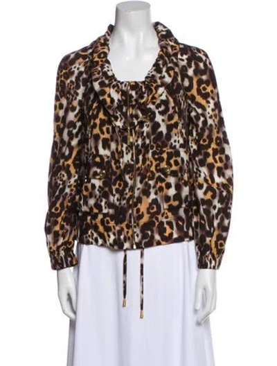 Pre-owned St John Silk Animal Print Biker Jacket In Brown