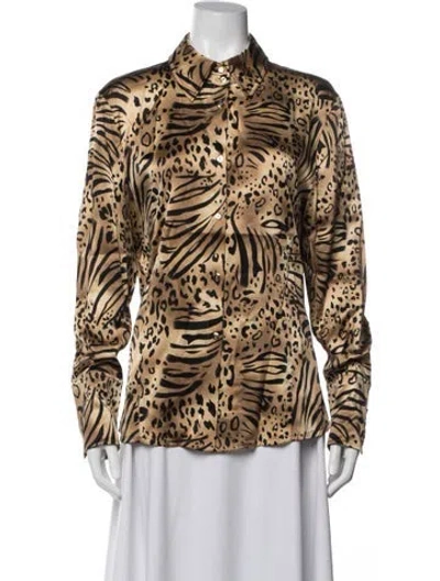 Pre-owned St John Silk Animal Print Button-up Top In Neutral