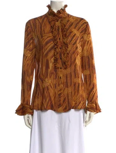 Pre-owned St John Silk Animal Print Button-up Top In Orange