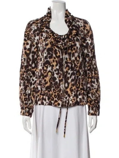 Pre-owned St John Silk Animal Print Faux Fur Jacket In Brown