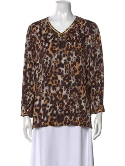 Pre-owned St John Silk Animal Print Top In Brown