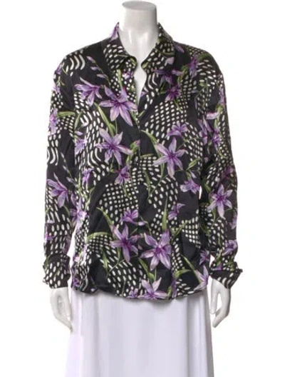 Pre-owned St John Silk Floral Print Blouse In Black