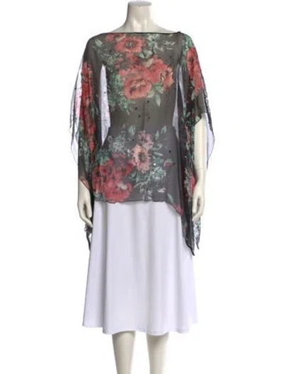 Pre-owned St John Silk Floral Print Blouse In Black