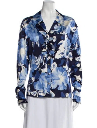 Pre-owned St John Silk Floral Print Blouse In Blue