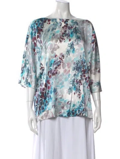 Pre-owned St John Silk Floral Print Blouse In Blue