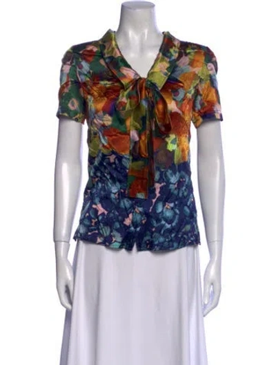 Pre-owned St John Silk Floral Print Blouse In Blue