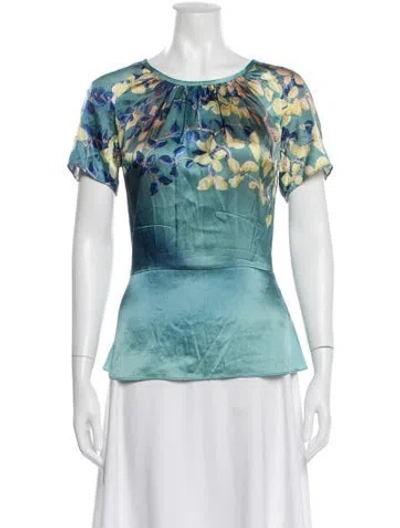 Pre-owned St John Silk Floral Print Blouse In Blue