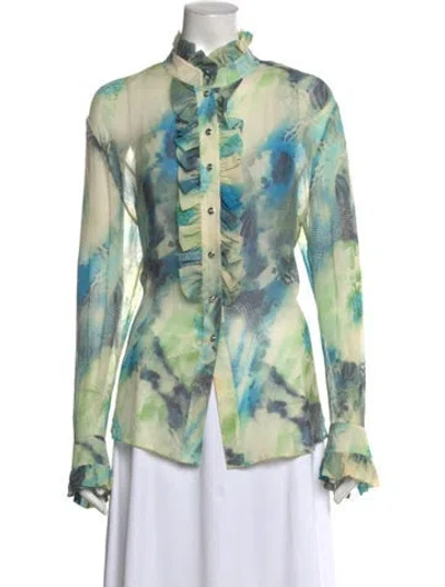 Pre-owned St John Silk Floral Print Blouse In Blue