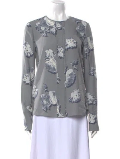 Pre-owned St John Silk Floral Print Blouse In Gray